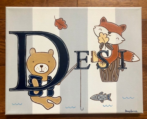 Hand Painted Fox Bear Woodland Fishing Lambs Ivy Little Camper Themed Canvas Art Painting Personalized Name Gray Striped Wall Boys Bedding