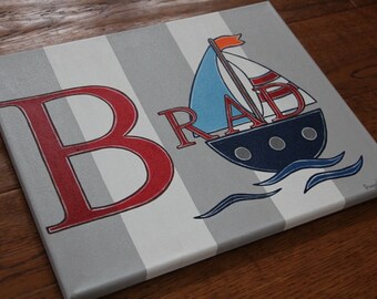 Hand Painted Nautical Baby Sail Boats themed Canvas Art Custom Personalized Name Gray Striped Wall Boys Bedding Room Decor