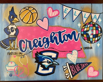 11”x14” College Girls Dorm Room Canvas Wall Art Decor School Spirit Glitter Glamour Painting Creighton Blue Jays