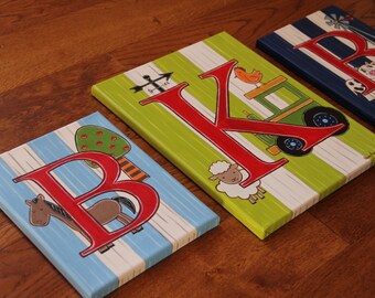 Set of three-Monogrammed Initial Triptych Personalized Farm Animals Tractor Painting Wall Art