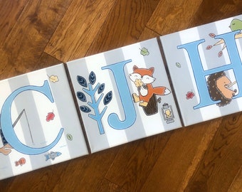 12”x12” Initial letter Name Owl Hedgehog Woodland Fishing Lambs & Ivy Little Camper Crib Bedding Canvas Art Boys Room price for 3 canvases