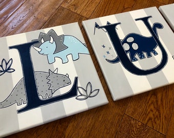 12 X 12 Letter Name Baby Dino Dinosaur Lambs Ivy Levtex Kipton Blue Gray Crib Bedding Canvas Art Boys Girls Room Decor price per Canvas Etsy
