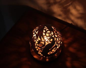Handcarved Coconut Shell Table Lamp: Dragon Phoenix, Bali Decor