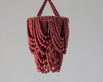 Handcrafted Red Wood Bead Chandelier: Bohemian Light Shade
