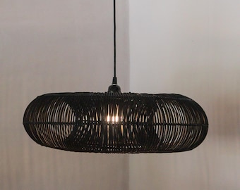 Schwarzer Rattan Lampenschirm Donut Design,Rattan Lampe Vintage Design,Rattan Kronleuchter,Rattan Pendelleuchte Natur in schwarz