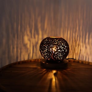 Handcarved Coconut Shell Table Lamp: Bali Leaf Design, Boho Decor
