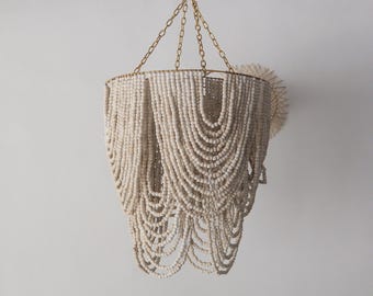 White Wash Wood Beaded Chandelier: Vintage Pendant Lamp
