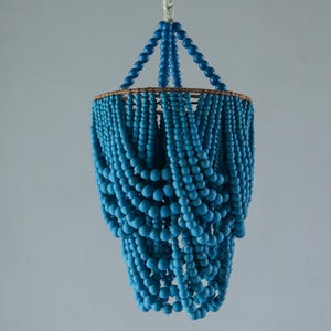Blue Wood Bead Chandelier: Bohemian Beaded Pendant Light