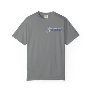 May include: A gray short-sleeved t-shirt with the text "I'M AN ARCHITECT IT DEPENDS" in white and blue. The shirt has a crew neck and a small tag at the neckline. The graphic is a flowchart design.