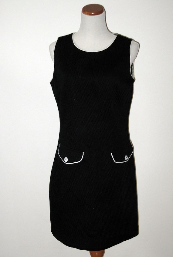 70s black cotton pique sleeveless dress with whit… - image 2