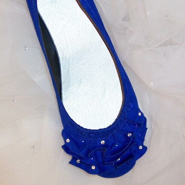 FREE Garter Something Blue, Blue Suede Shoes, Rhinestones and Ruffles, FLATS Size  7 1/2