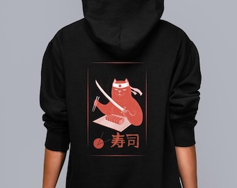 Japanese sushi cat hoodie, funny sushi lover hoodie, Japanese anime hoodie, anime hoodie, sushi lover gift, gift for her, unisex hoodie
