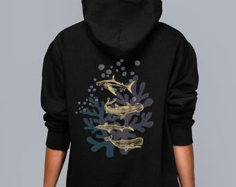 Vintage Shark hammerhead Hoodie Sweatshirt Great White Hooded Sweater Mens Graphic Shirt Sea Creatures Clothing Shark Lover Gifts Nature Top