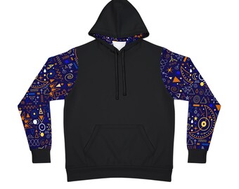 May include: Black hooded sweatshirt with a blue and orange geometric pattern on the sleeves. The pattern features abstract shapes, lines, and symbols.