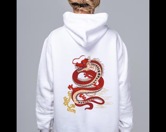 Czerwona japońska bluza z kapturem ze smokiem, bluza z kapturem ze smokiem z nadrukiem na plecach, japońska bluza z kapturem z anime, prezent dla miłośnika smoków, japońska bluza z kapturem w stylu ulicznym, odzież miejska