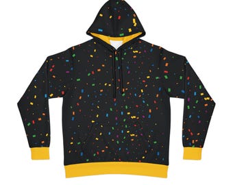 Confetti Print Black Hoodie: Yellow Inner Hood, Unisex