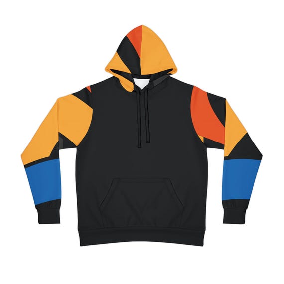 Black Hoodie with Vibrant Red Blue and Yellow Sleeve Hood Design Colorful Streetwear Style back to school gifts for him