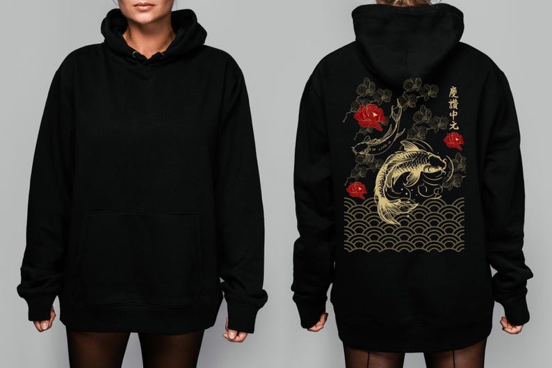 May include: Black hoodie with a gold and red Japanese-inspired design featuring koi fish, flowers, and waves. The text on the back reads "意欲の中に", which translates to "Within ambition".