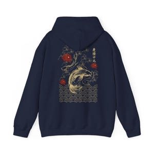 May include: Navy blue hooded sweatshirt with a gold and red Japanese-inspired design featuring koi fish, cherry blossoms, and waves. The text "龍神中之" is printed on the back.