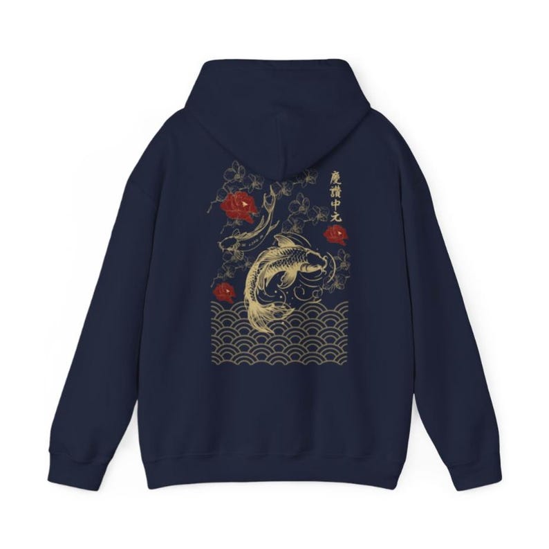 May include: Navy blue hooded sweatshirt with a gold and red Japanese-inspired design featuring koi fish, cherry blossoms, and waves. The text "龍神中之" is printed on the back.