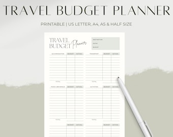 Afdrukbare reisbegrotingplanner, werkbladsjabloon vakantiebegroting, planner vakantiefinanciën, A4/A5/Letter/Half Size, Instant Download PDF