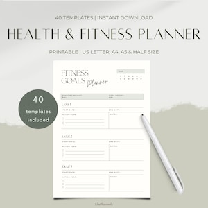 Health & Fitness Planner Tracker Printable, Weekly Workout Tracker, Habit Tracker, Fitness Planner, Meal Planning, A5, A4, US Letter, Half