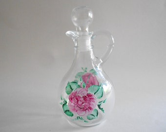 Pink Roses Vinegar Cruet Vinegar Bottle Vinegar Dispenser Vinegar Jar Hand Painted Bottle Clear Glass Roses Kitchen