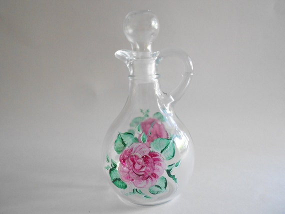 Hand Painted Pink Roses Vinegar Cruet:  Clear Glass Kitchen Dispenser