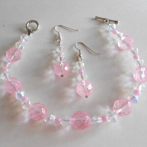 Jewelry Set Pink Bracelet Pink Earrings Clear Bracelet Clear Earrings Glass Beads Womens Jewelry Silver Tone Findings Pink Jewelry Set
