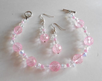 Pink Glass Beaded Jewelry Set:  Bracelet and Dangle Earrings