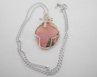 Wire Wrapped Rhodonite Pendant Necklace, Pink Gemstone, 24" Chain