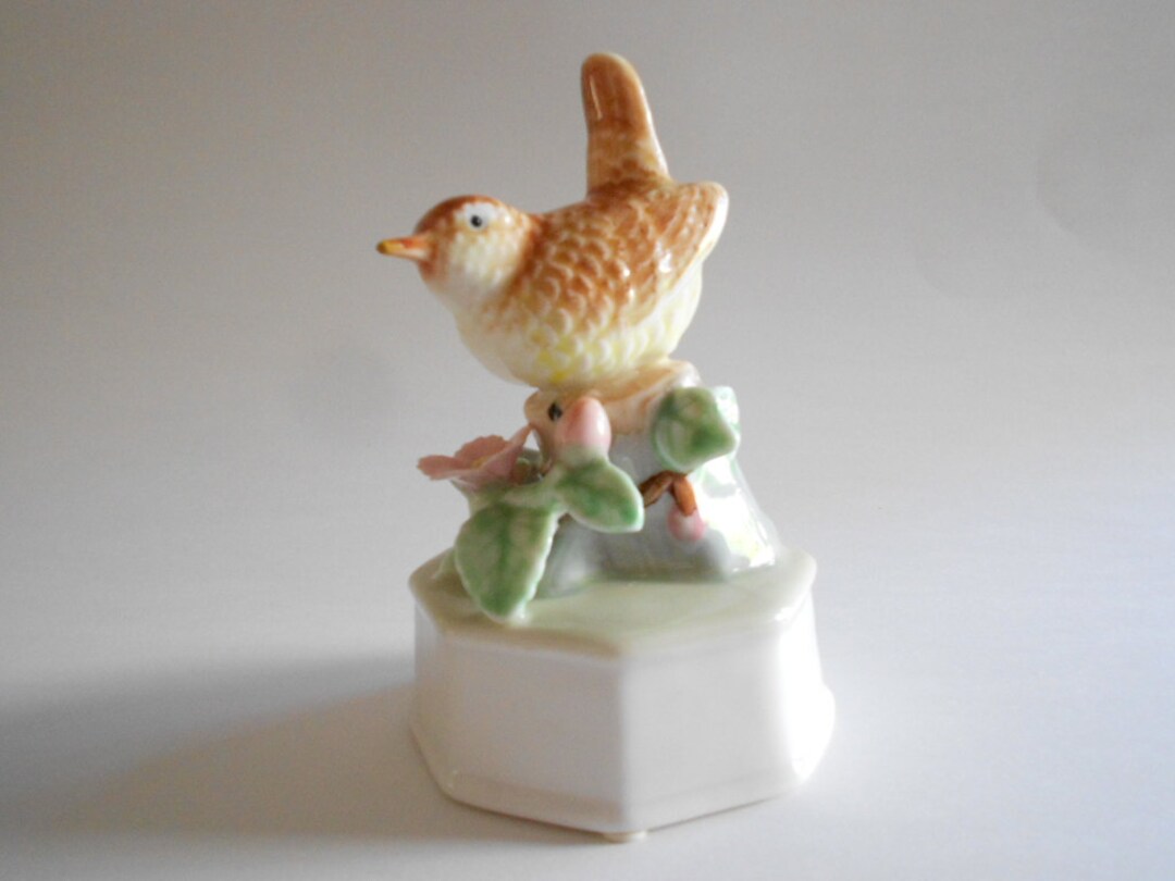 Bird Music Box Bird Figurine Vintage Music Box Porcelain Bird Brown