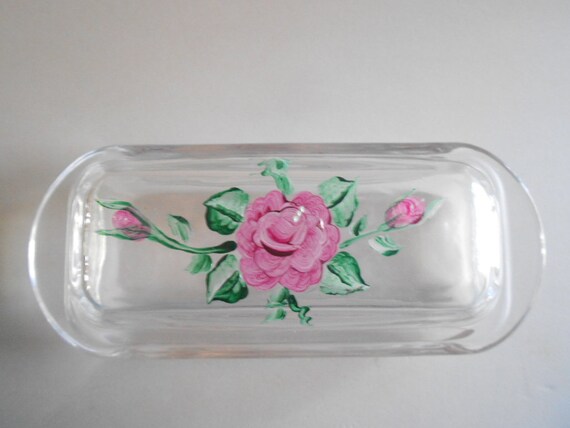 Handpainted red flower on a nice glass butterdish