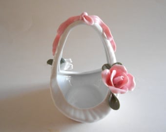 Vintage Porcelain Basket Planter:  Pink Rose Floral, Jewelry Dish, 1990s