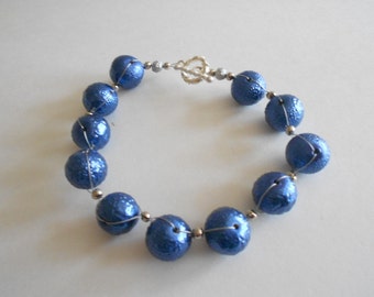 Dark Blue Wired Glass Pearl Bead Bracelet, Silver Tone Wire