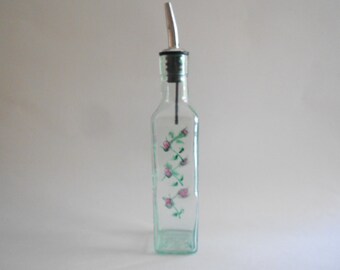 Pink Rose Buds Olive Oil Bottle Olive Oil Dispenser Olive Oil Jar Hand Painted Bottle Vinegar Jar Green Glass Medium Size Roses Kitchen