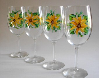 Hand Painted Sunflower Wine Glasses, Set of 4
