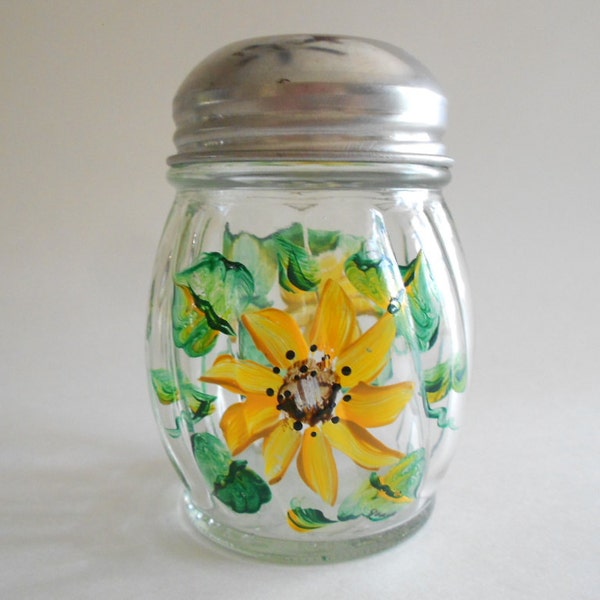 Sunflowers Cheese Shaker Cheese Bottle Cheese Jar Cheese Dispenser Handpainted Jar Clear Glass Sunflowers Kitchen Grated Cheese Jar