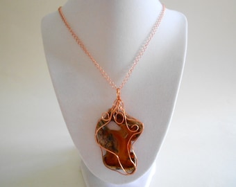 Brown Agate Pendant Brown Agate Slice Wire Wrapped Pendant Brown Pendant Chain Necklace Agate Slice Druzy Agate Copper Tone Wire