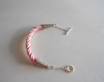 Pink Kumihimo Bracelet:  Japanese Braided Silky Cord with Silver Accents
