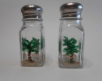 Hand Painted Palm Trees Salt & Pepper Shakers:  Square Clear Glass Jars