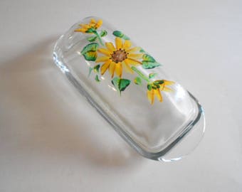Sunflowers Butter Dish Butter Container Hand Painted Dish Sunflower Kitchen Clear Glass 2 Piece Serving Dish Covered Butter Dish