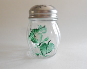 Hand Painted Ivy Leaves Cheese Shaker, Clear Glass Kitchen Jar