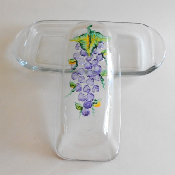 Purple Grapes Butter Dish Butter Container Hand Painted Dish Painted Grapes Grapes Kitchen Grapes Butter Dish Clear Glass 2 Piece