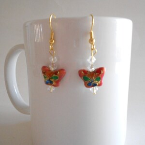 Pink Earrings Pink Butterflies Cloisonne Earrings Blue Butterflies Clear China Crystals Butterfly Earrings Dangle Earrings Pierced Earrings