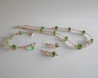 Green and Pink Lampwork Bead Jewelry Set: Necklace, Bracelet & Earrings