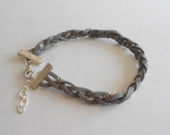 Gray Faux Suede Woven Braided Bracelet:  Silver Tone Chain