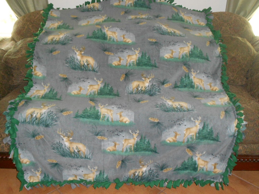 Deer Fleece Throw Deer Family on Gray Dark Green Back Fleece Etsy
