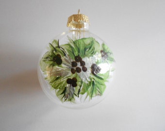 Green Poinsettia Glass Ball Clear Glass Ball 2-1/2 Inches Handpainted Ball Christmas Ball Christmas Ornament Christmas Decor Home Decor