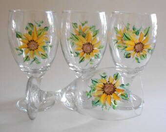 Sunflowers Iced Tea Glasses Water Glasses Sunflower Stemware Sunflower Kitchen Painted Sunflowers Sunflower Glasses Clear Glass Set of 4